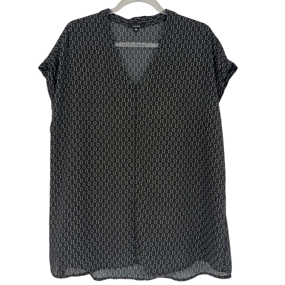 Pleione V-Neck Blouse Womens XXL Black Geometric Print Cap Sleeve Semi Sheer Top
